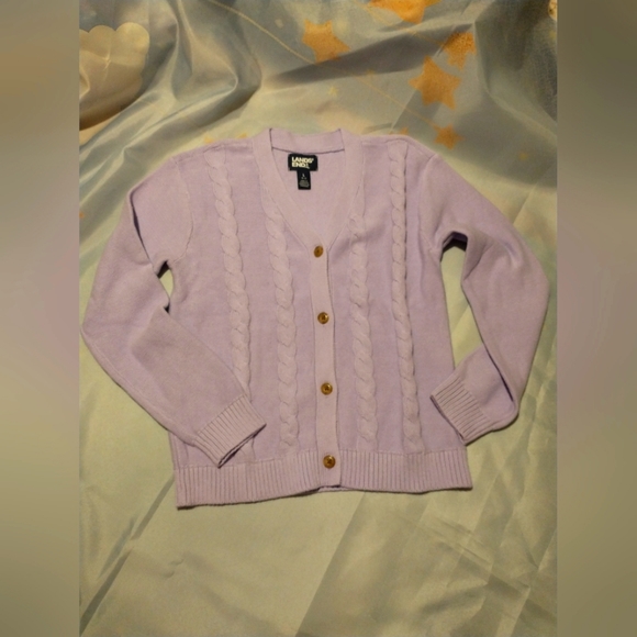 Lands End Kids button front cable cardigan, large (10-12) lavender cloud - Picture 4 of 7